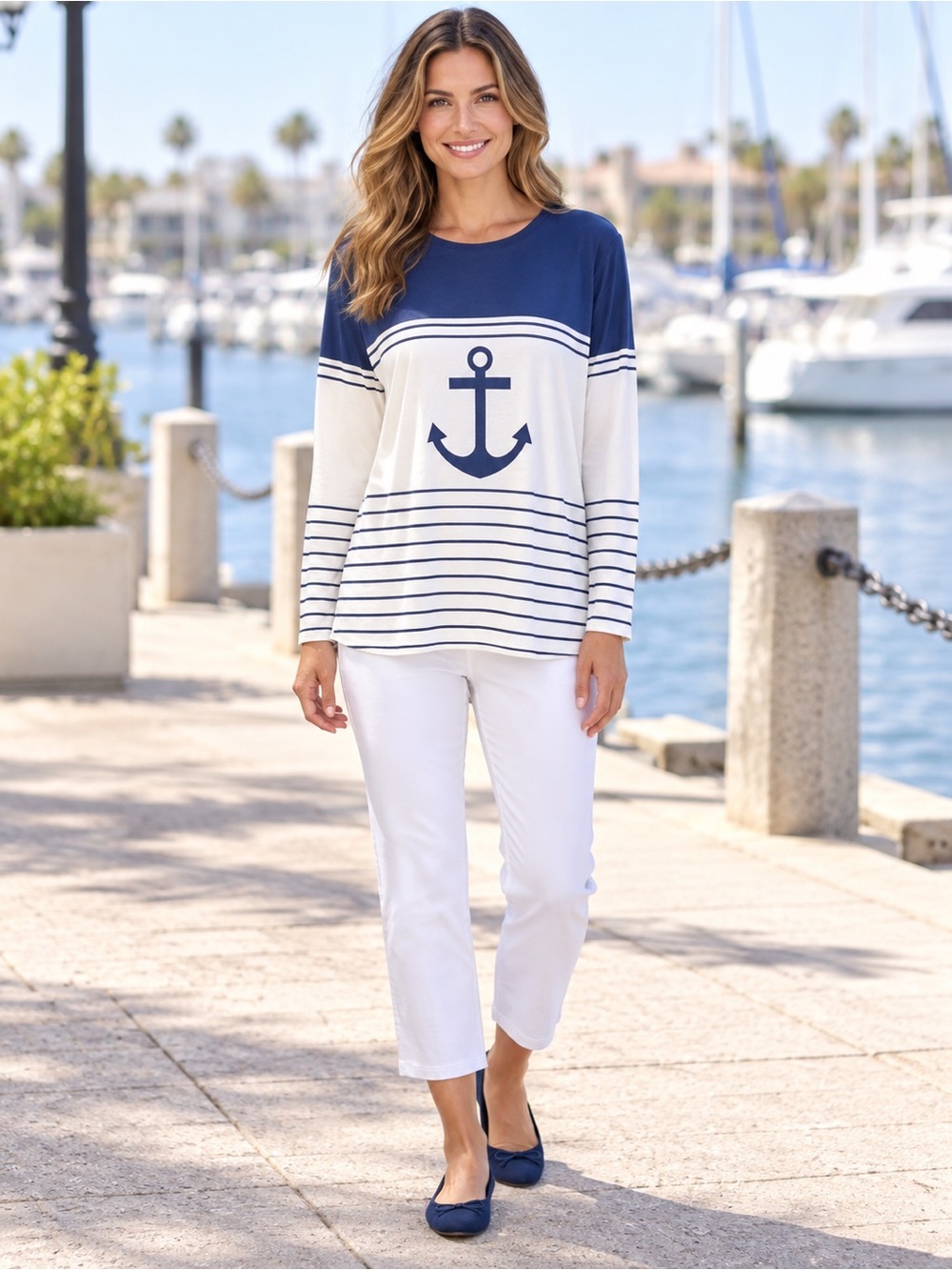 Time and Tru White Crop Pants & Nautical Anchor Top Outfit M/L